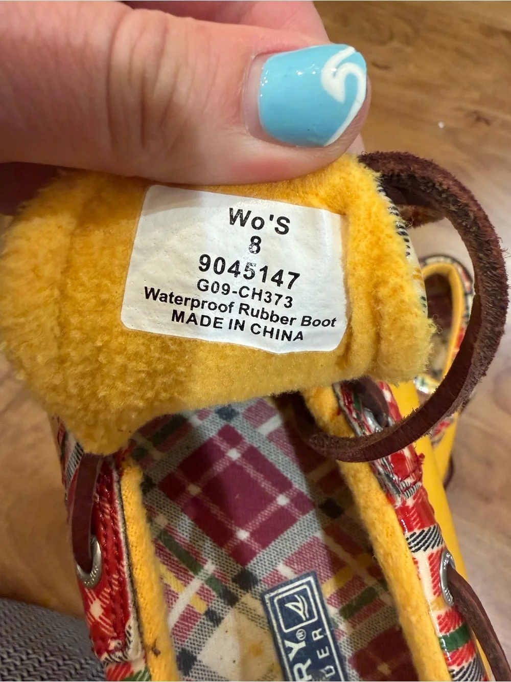 Sperry Yellow and Red Plaid-Trim Duck Boots w/ Leather Laces Women’s Size 8